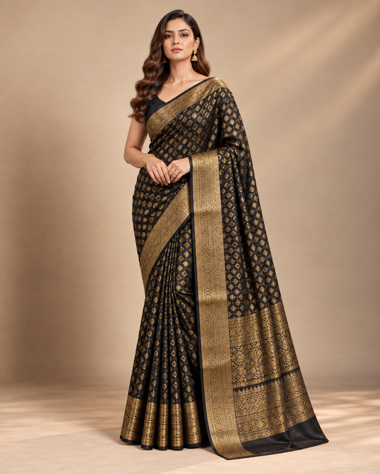 Elegant Black Silk Saree with Gold Zari