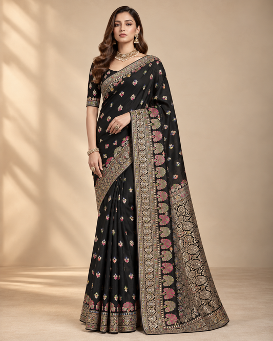 Multicolour Black Premium Silk Banarasi Saree For Women