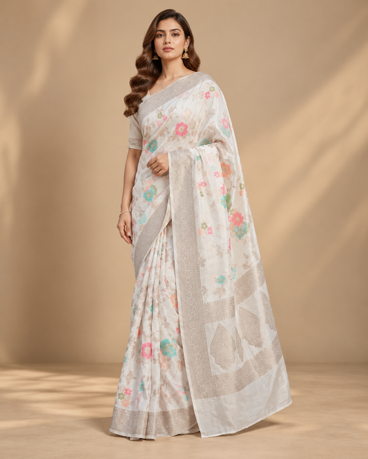 Off White Premium Silk Banarasi Saree For Women Description