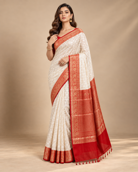 Ivory White & Red Banarasi Style Saree