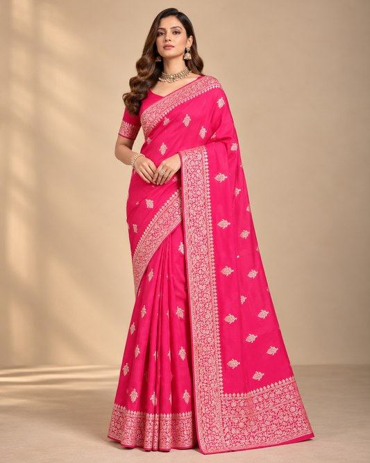 Pink Premium Silk Banarasi Saree For Women