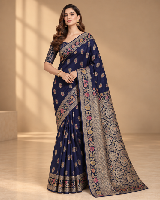 Premium Blue Semi-Katan Banarasi Saree For Women
