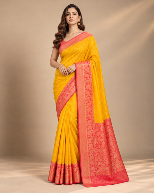 Sunshine Yellow & Coral Red Banarasi Saree