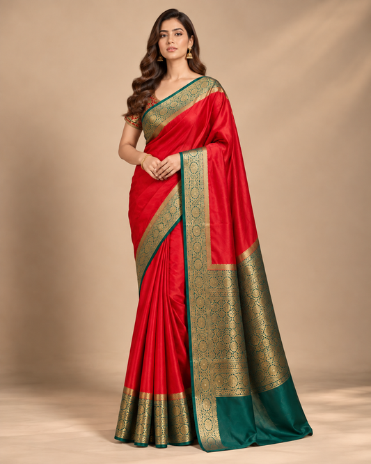 Vibrant Red & Emerald Green Banarasi Saree